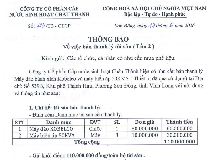 Thông báo vv thanh lý tài sản (lần 2)